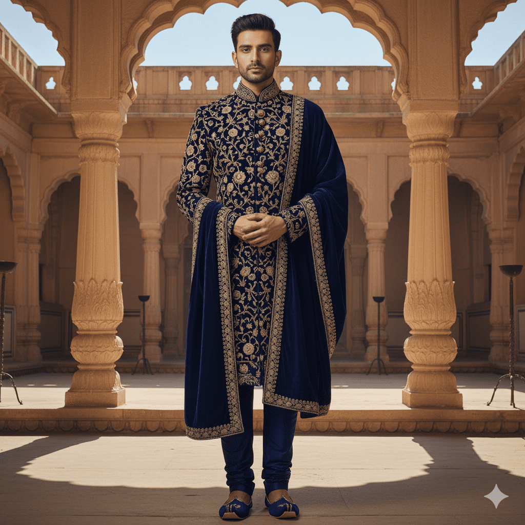 Mid-night Blue Velvet Zardozi Sherwani - Image 5