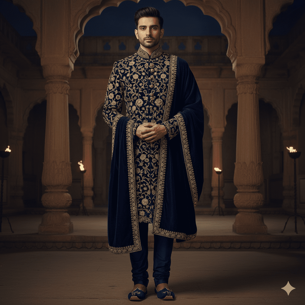 Mid-night Blue Velvet Zardozi Sherwani - Image 4