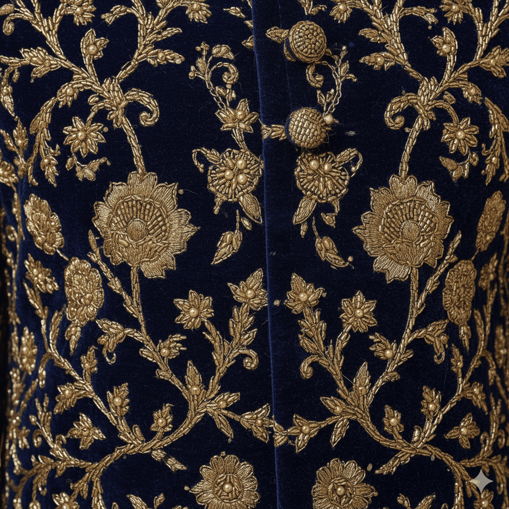 Mid-night Blue Velvet Zardozi Sherwani - Image 3