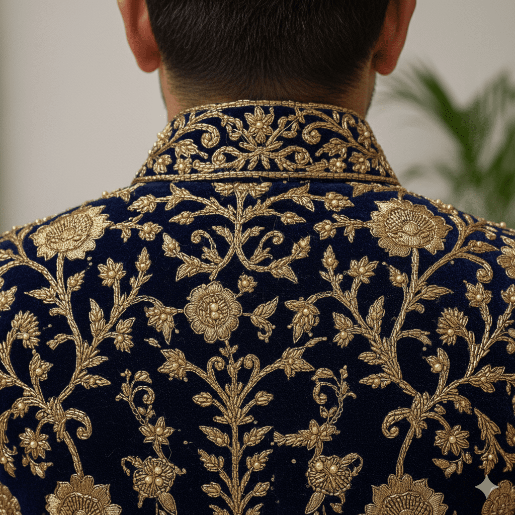 Mid-night Blue Velvet Zardozi Sherwani - Image 2