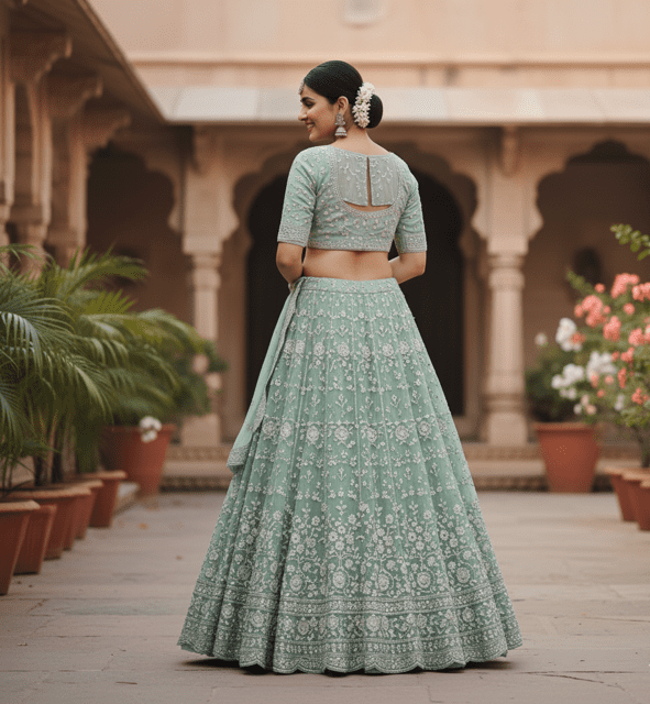 Mint Green Chikankari Bridal Lehenga - Image 3