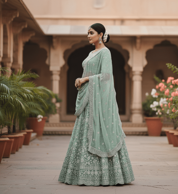 Mint Green Chikankari Bridal Lehenga - Image 2