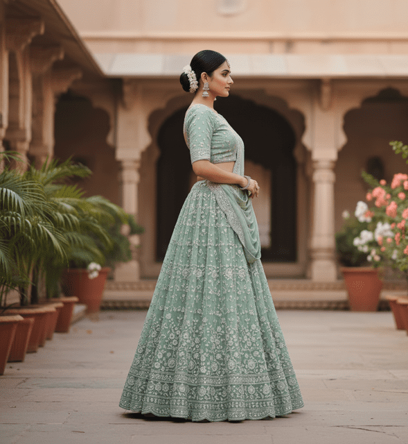 Mint Green Chikankari Bridal Lehenga - Image 4