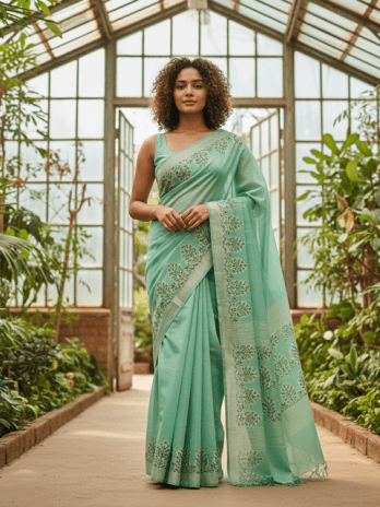Mint Green Cotton Silk Guest Saree