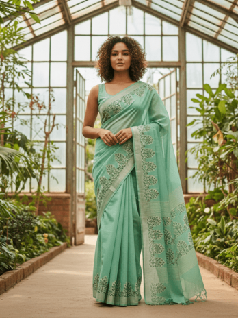 Mint Green Cotton Silk Guest Saree