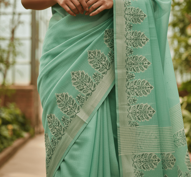 Mint Green Cotton Silk Guest Saree - Image 3