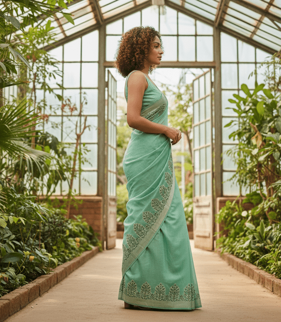 Mint Green Cotton Silk Guest Saree - Image 2