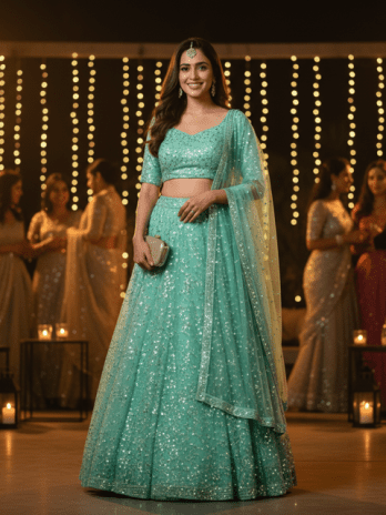 Mint Green Sequin Wedding Guest Lehenga