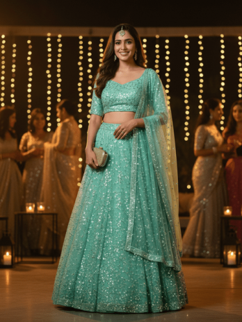 Mint Green Sequin Wedding Guest Lehenga