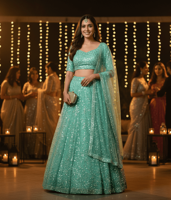 Mint Green Sequin Wedding Guest Lehenga