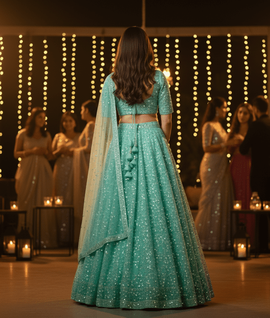 Mint Green Sequin Wedding Guest Lehenga - Image 4