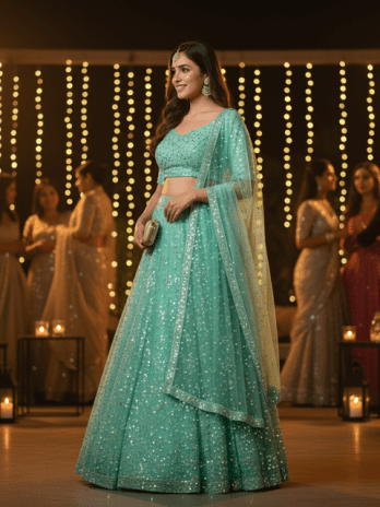 Mint Green Sequin Wedding Guest Lehenga