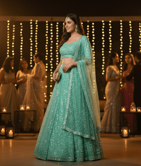 Mint Green Sequin Wedding Guest Lehenga - Image 2
