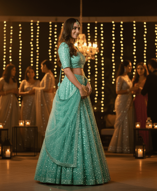 Mint Green Sequin Wedding Guest Lehenga - Image 3