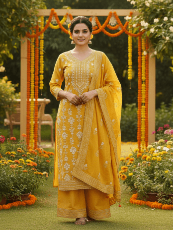 Mustard Embroidered Haldi Kurta Set – Women