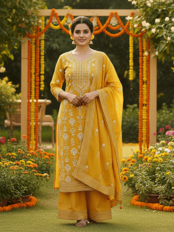 Mustard Embroidered Haldi Kurta Set – Women