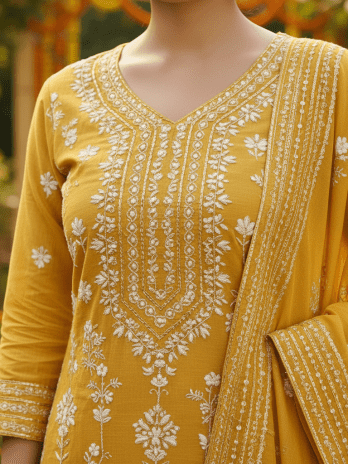 Mustard Embroidered Haldi Kurta Set – Women