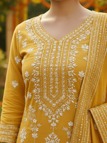 Mustard Embroidered Haldi Kurta Set – Women