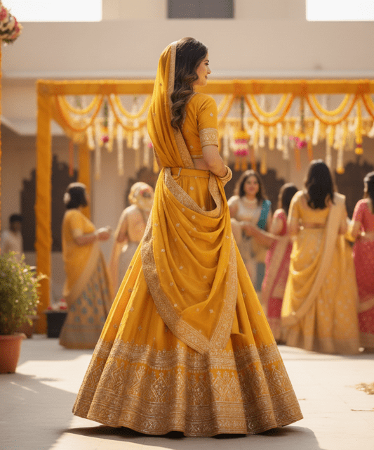 Mustard Yellow Silk Guest Lehenga - Image 4