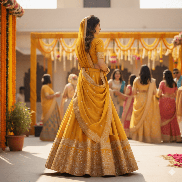 Mustard Yellow Silk Guest Lehenga - Image 4