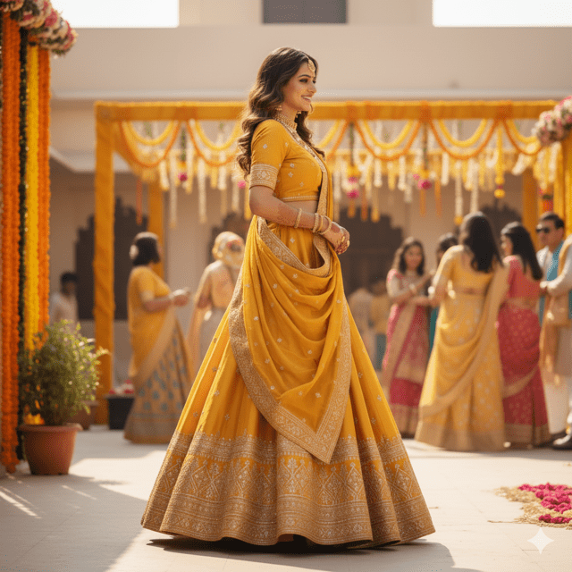 Mustard Yellow Silk Guest Lehenga - Image 2