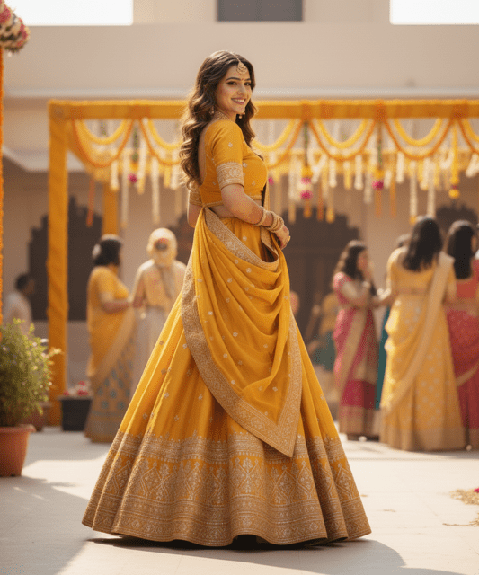Mustard Yellow Silk Guest Lehenga - Image 3