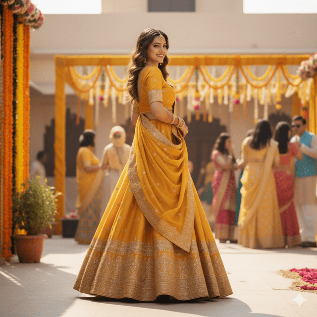 Mustard Yellow Silk Guest Lehenga - Image 3