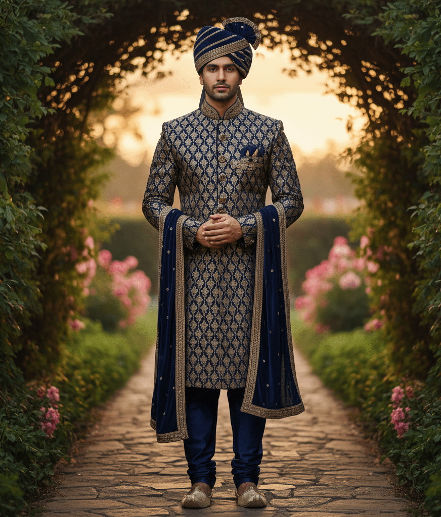 Navy Blue Brocade Sherwani with Safa - Image 4
