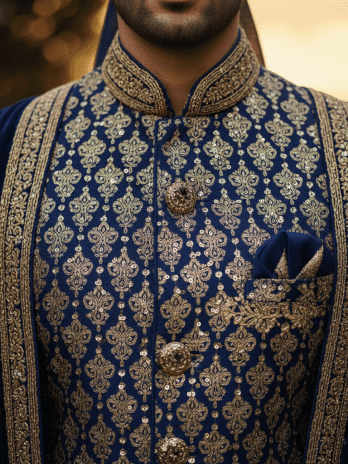 Navy Blue Brocade Sherwani with Safa