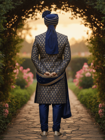 Navy Blue Brocade Sherwani with Safa