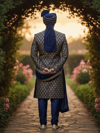Navy Blue Brocade Sherwani with Safa