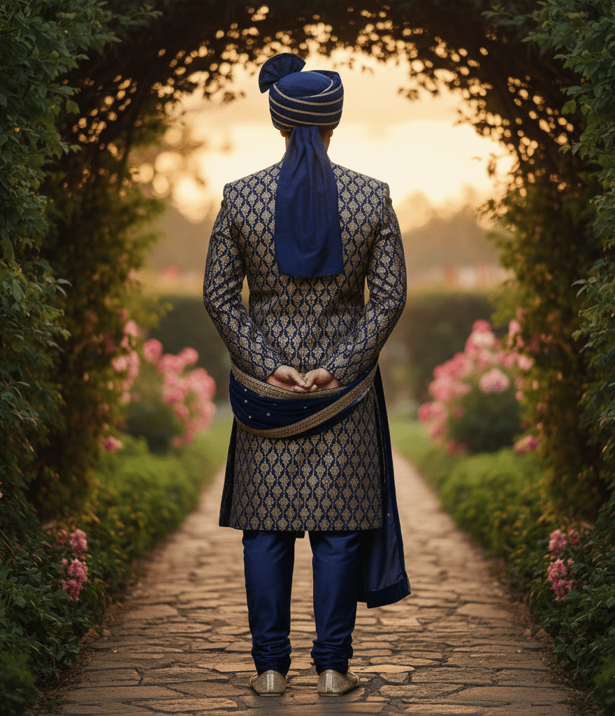 Navy Blue Brocade Sherwani with Safa - Image 2