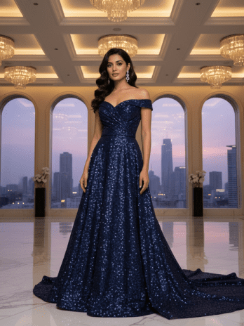 Navy Blue Sequin Reception Gown