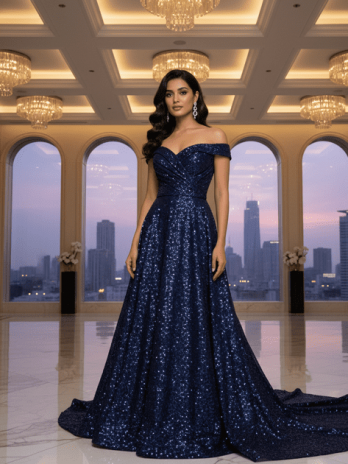 Navy Blue Sequin Reception Gown