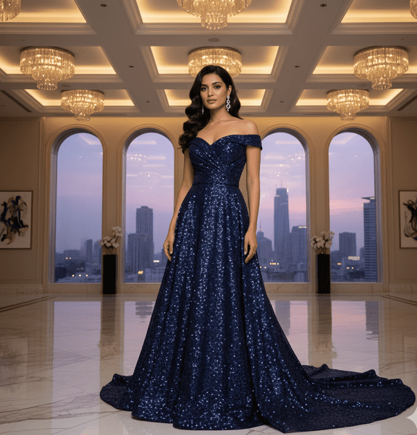 Navy Blue Sequin Reception Gown