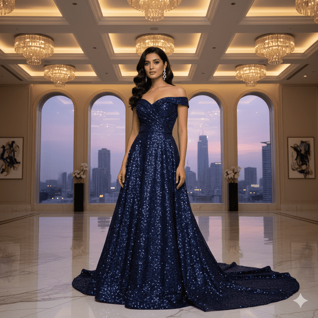 Navy Blue Sequin Reception Gown