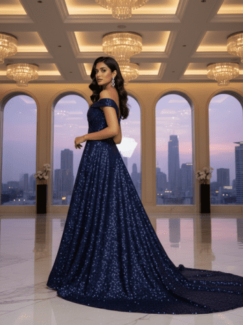 Navy Blue Sequin Reception Gown