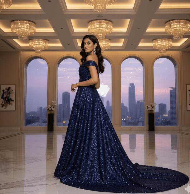 Navy Blue Sequin Reception Gown - Image 2