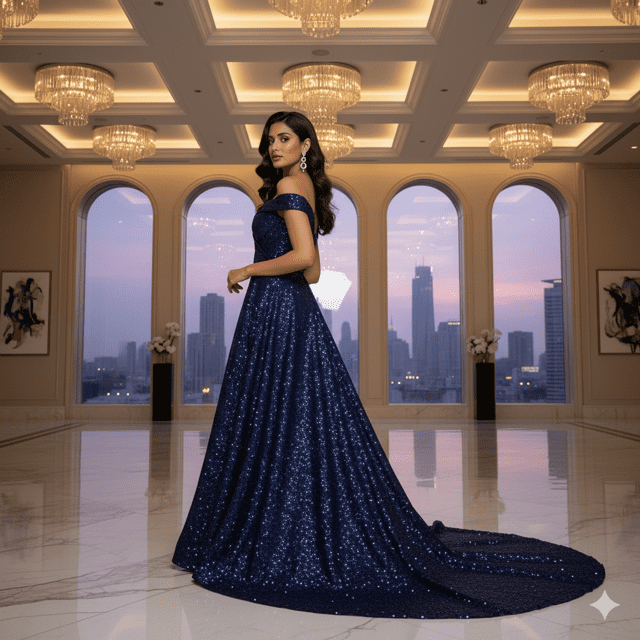 Navy Blue Sequin Reception Gown - Image 2