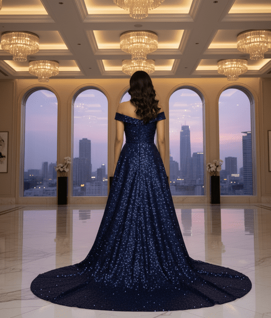 Navy Blue Sequin Reception Gown - Image 3
