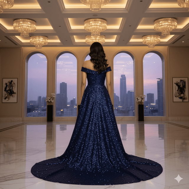 Navy Blue Sequin Reception Gown - Image 3