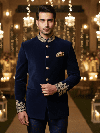 Navy Blue Velvet Embroidered Bandhgala