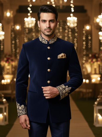 Navy Blue Velvet Embroidered Bandhgala
