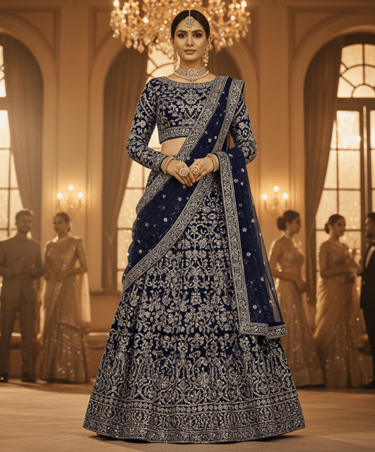 Navy Blue Velvet Guest Lehenga