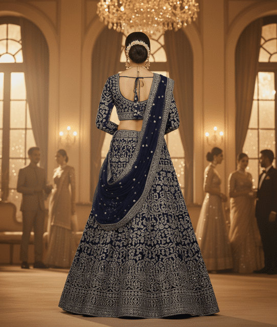 Navy Blue Velvet Guest Lehenga - Image 4