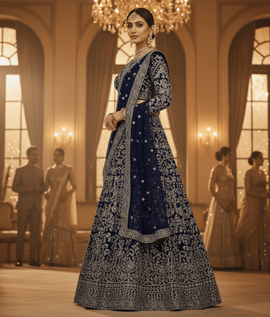 Navy Blue Velvet Guest Lehenga - Image 2