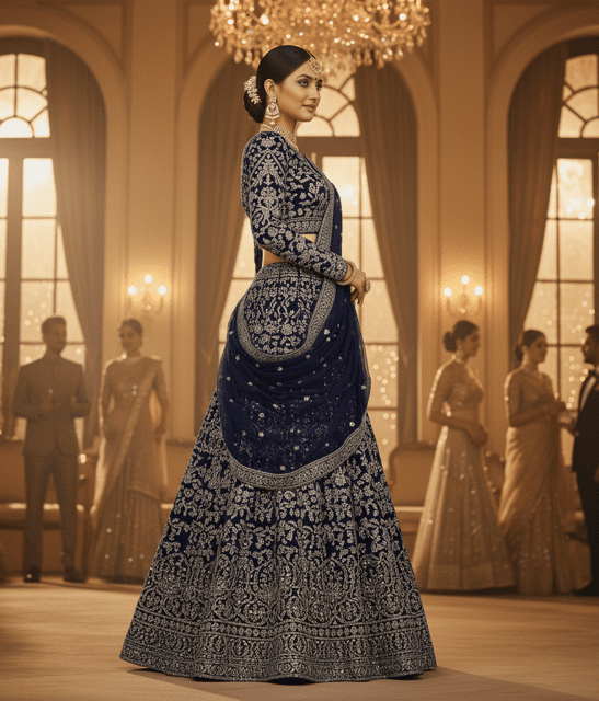 Navy Blue Velvet Guest Lehenga - Image 3