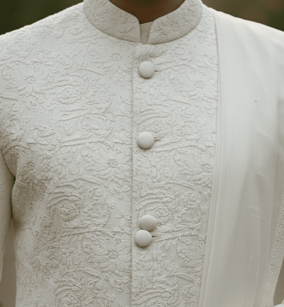 Off-White Khadi Sherwani with Nehru Collar