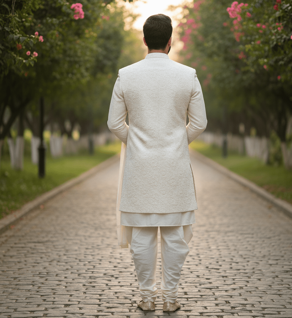 Off-White Khadi Sherwani with Nehru Collar - Image 3