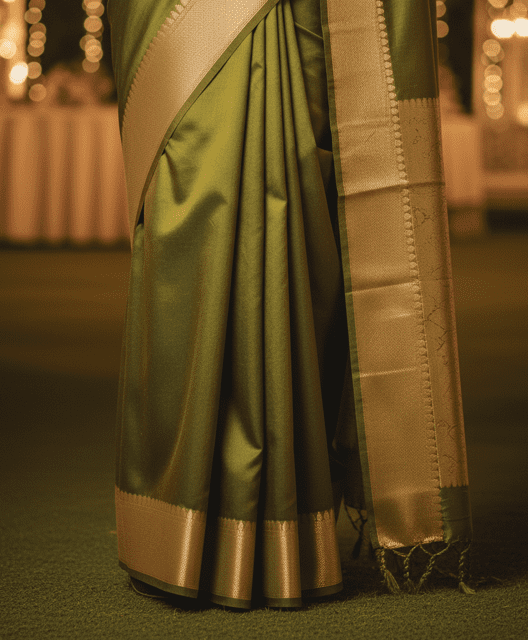 Olive Green Silk Guest Saree - Image 4